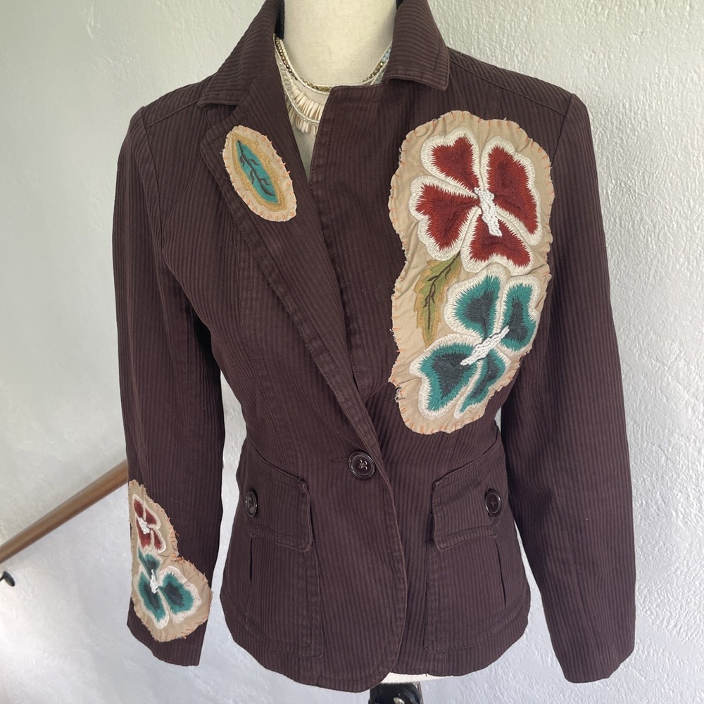 AZIZ Blazer Size Small Brown Embroidered Applique Sport Coat W/ Floral Patches
